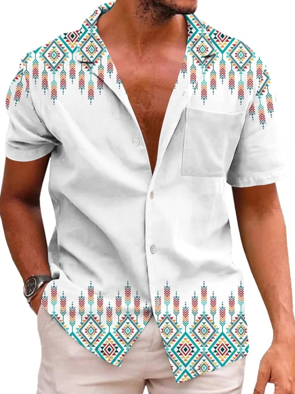 Men's White Short-Sleeve Button-Down Shirt with Teal & Coral Aztec Pattern